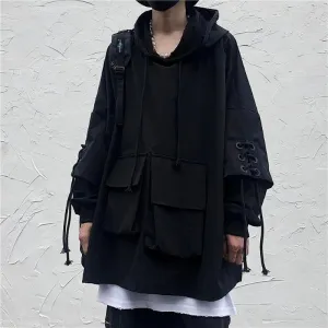 Wenkouban Back To School  Black Hooded Sweatshirts Men's Hoodies Goth Darkwear Gothic Clothes Punk Clothing Japanese Streetwear Hip Hop