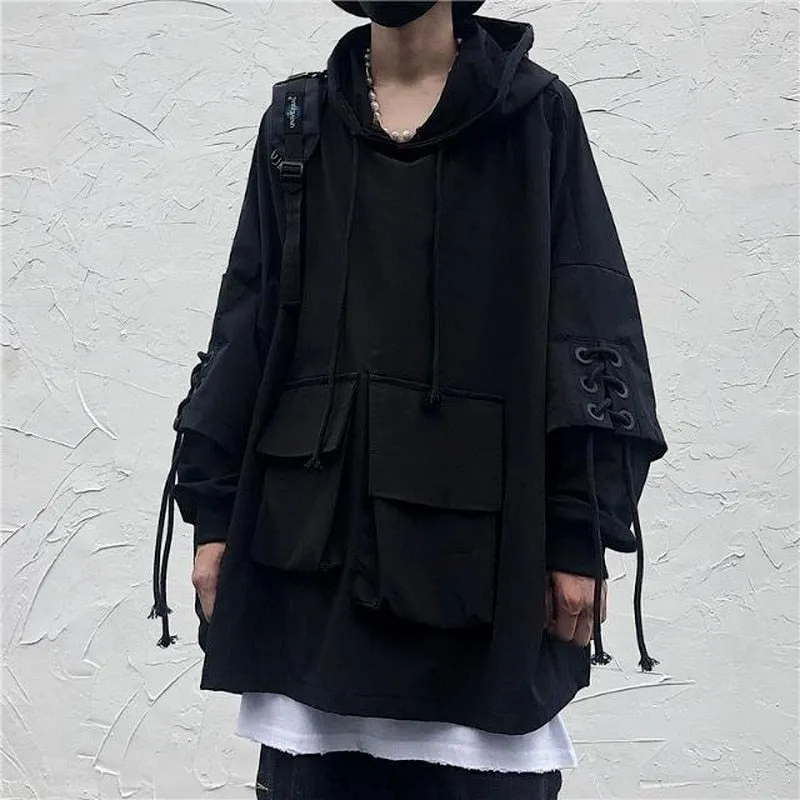 Wenkouban Back To School  Black Hooded Sweatshirts Men's Hoodies Goth Darkwear Gothic Clothes Punk Clothing Japanese Streetwear Hip Hop