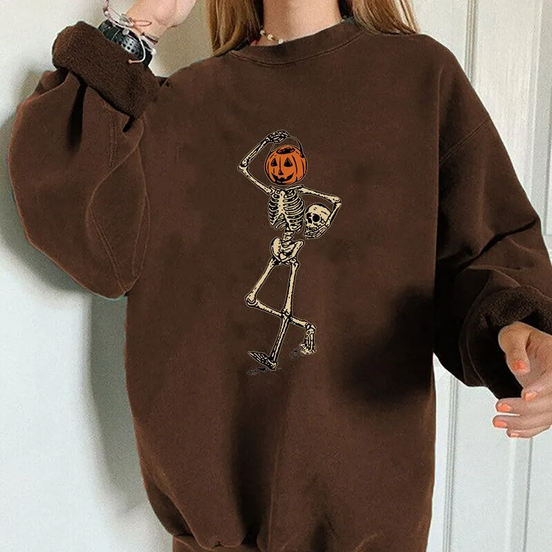 Wenkouban Halloween Hoodies Seeyoushy  Sweatshirt Women Halloween Funny Pumpkin Skull Skeleton Print Casual Top Harajuku Drop-Shoulder Long Sleeve Sudaderas