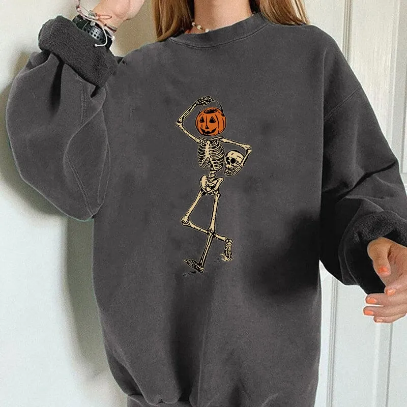 Wenkouban Halloween Hoodies Seeyoushy  Sweatshirt Women Halloween Funny Pumpkin Skull Skeleton Print Casual Top Harajuku Drop-Shoulder Long Sleeve Sudaderas
