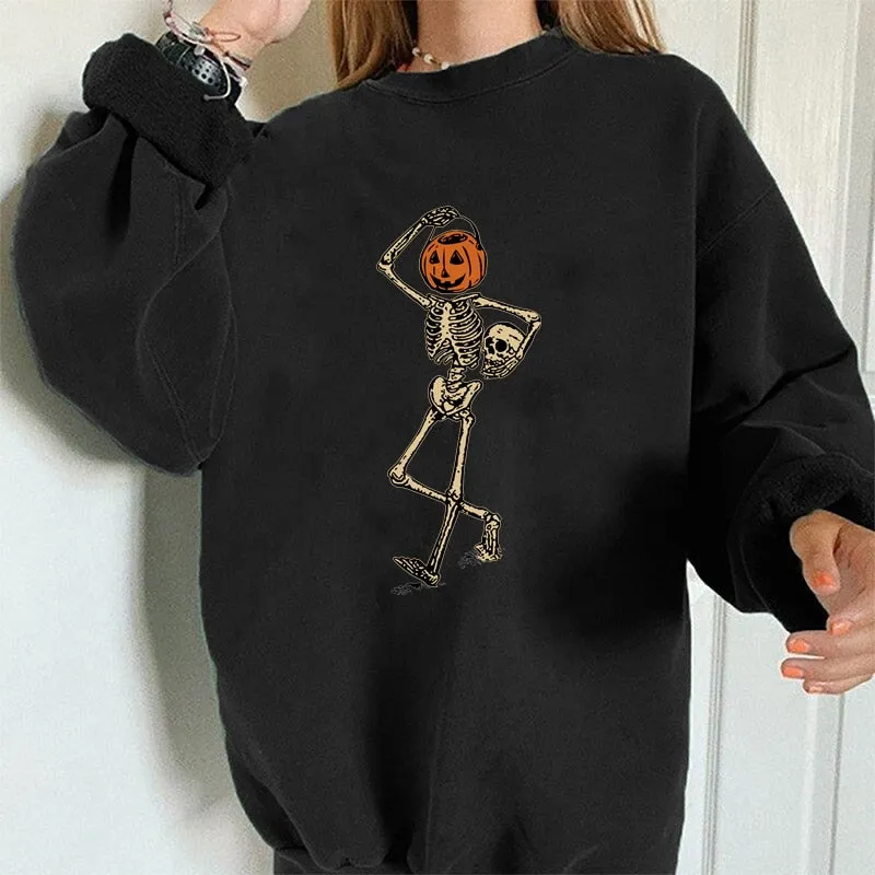Wenkouban Halloween Hoodies Seeyoushy  Sweatshirt Women Halloween Funny Pumpkin Skull Skeleton Print Casual Top Harajuku Drop-Shoulder Long Sleeve Sudaderas