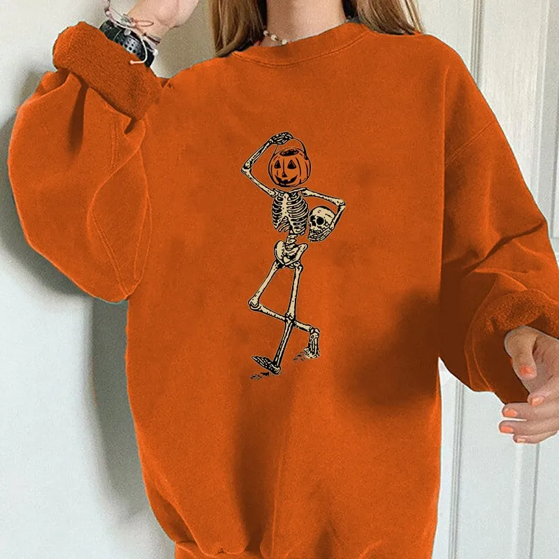 Wenkouban Halloween Hoodies Seeyoushy  Sweatshirt Women Halloween Funny Pumpkin Skull Skeleton Print Casual Top Harajuku Drop-Shoulder Long Sleeve Sudaderas