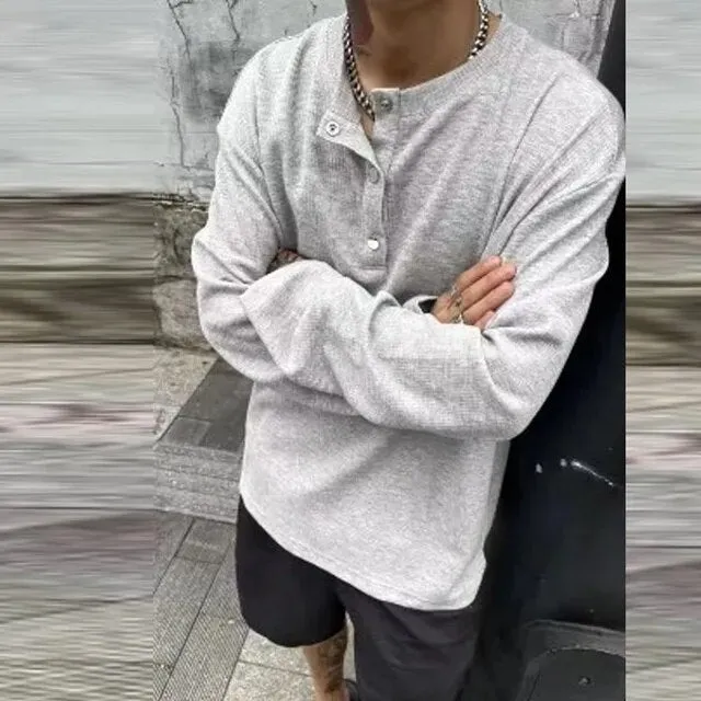 Wiaofellas Spring Autumn Solid Round Neck Sweatshirts Casual Button-up Basic Pullover Sweat-shirt Streetwear Long Sleeve Hoodies Tops