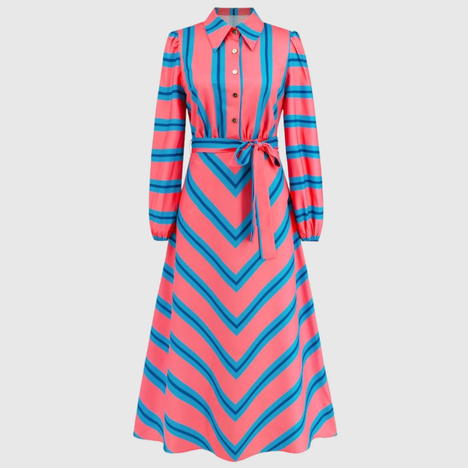 Women's Casual Colorful Stripes Slim-fit Shirt Dress with Belt