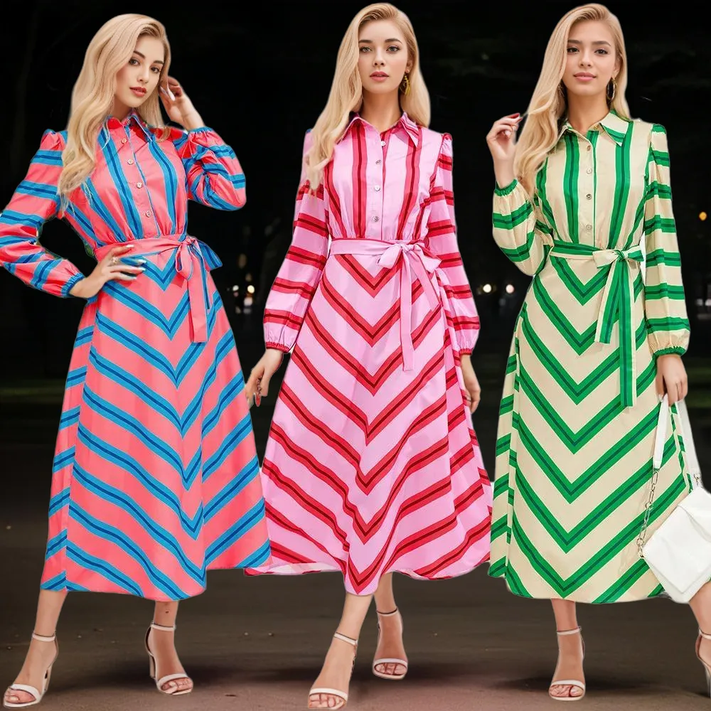 Women's Casual Colorful Stripes Slim-fit Shirt Dress with Belt