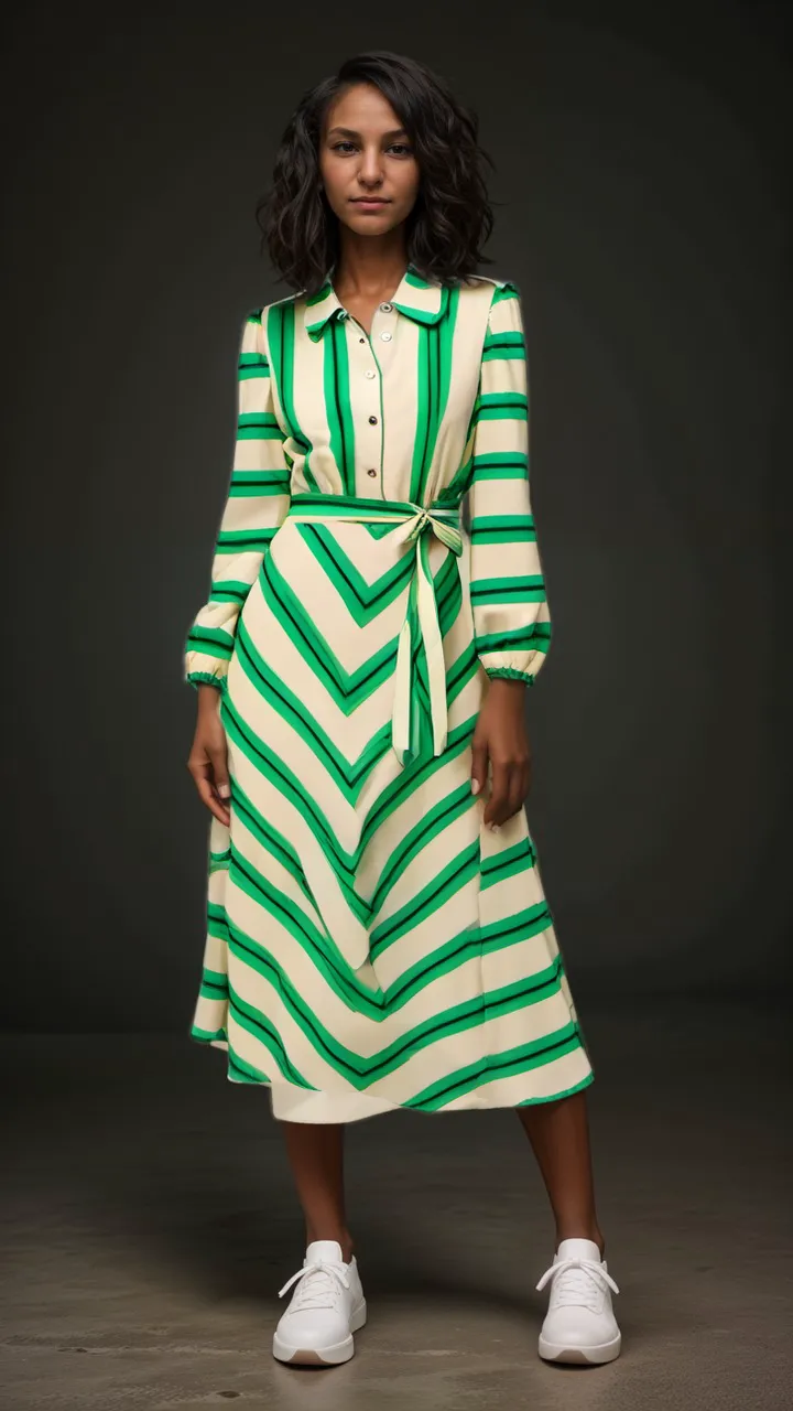 Women's Casual Colorful Stripes Slim-fit Shirt Dress with Belt