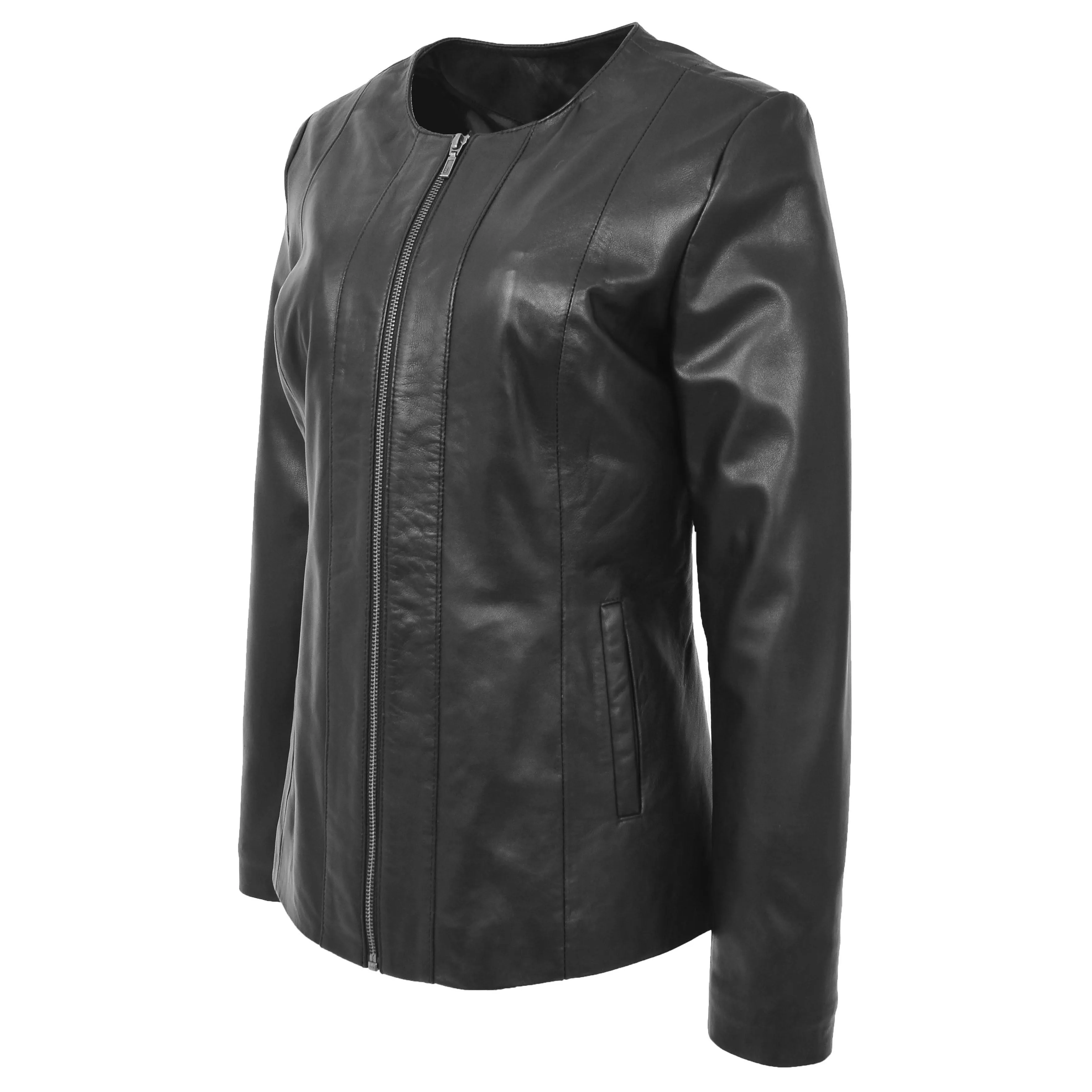 Womens Collarless Black Leather Jacket Round Neck Semi Fit Chelo