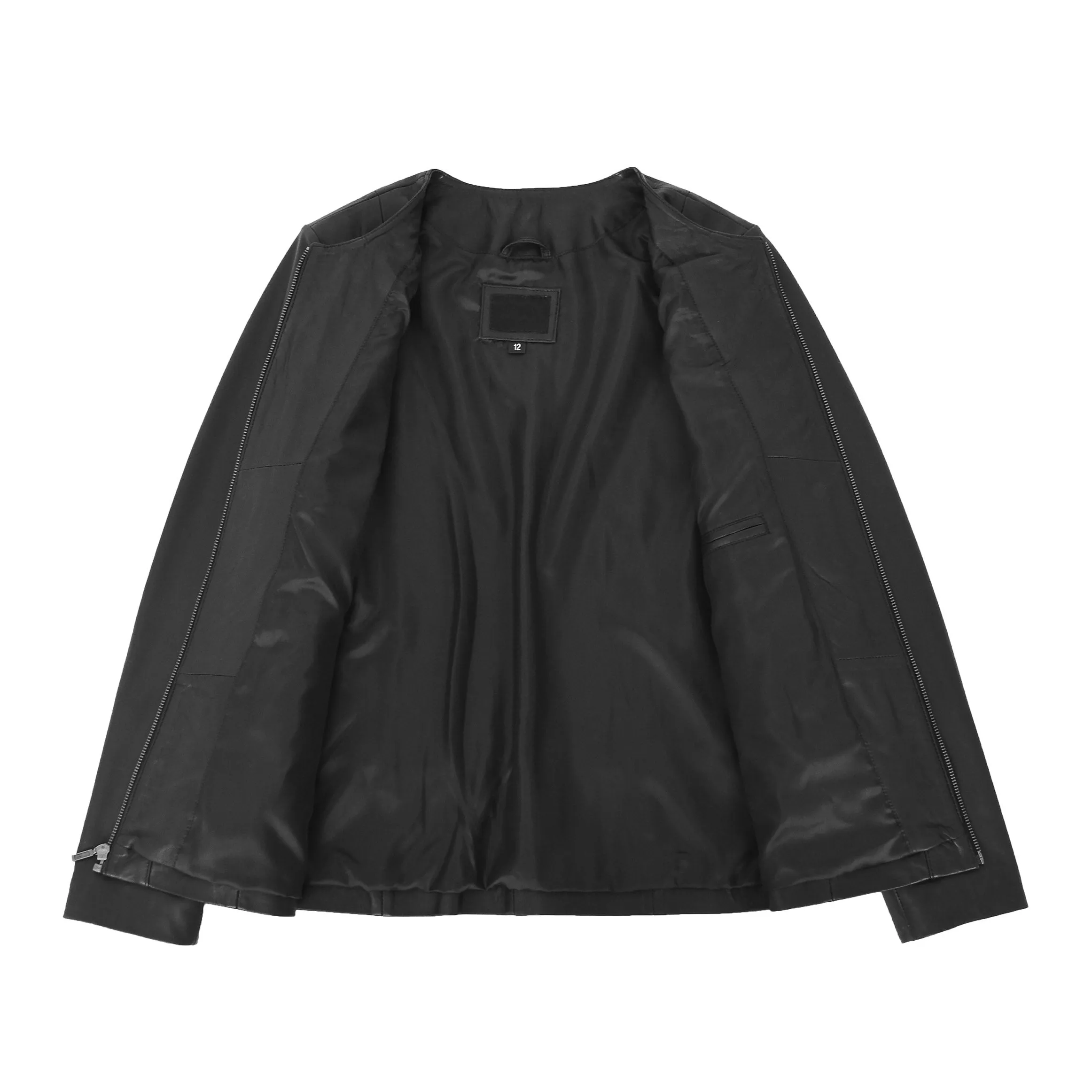 Womens Collarless Black Leather Jacket Round Neck Semi Fit Chelo