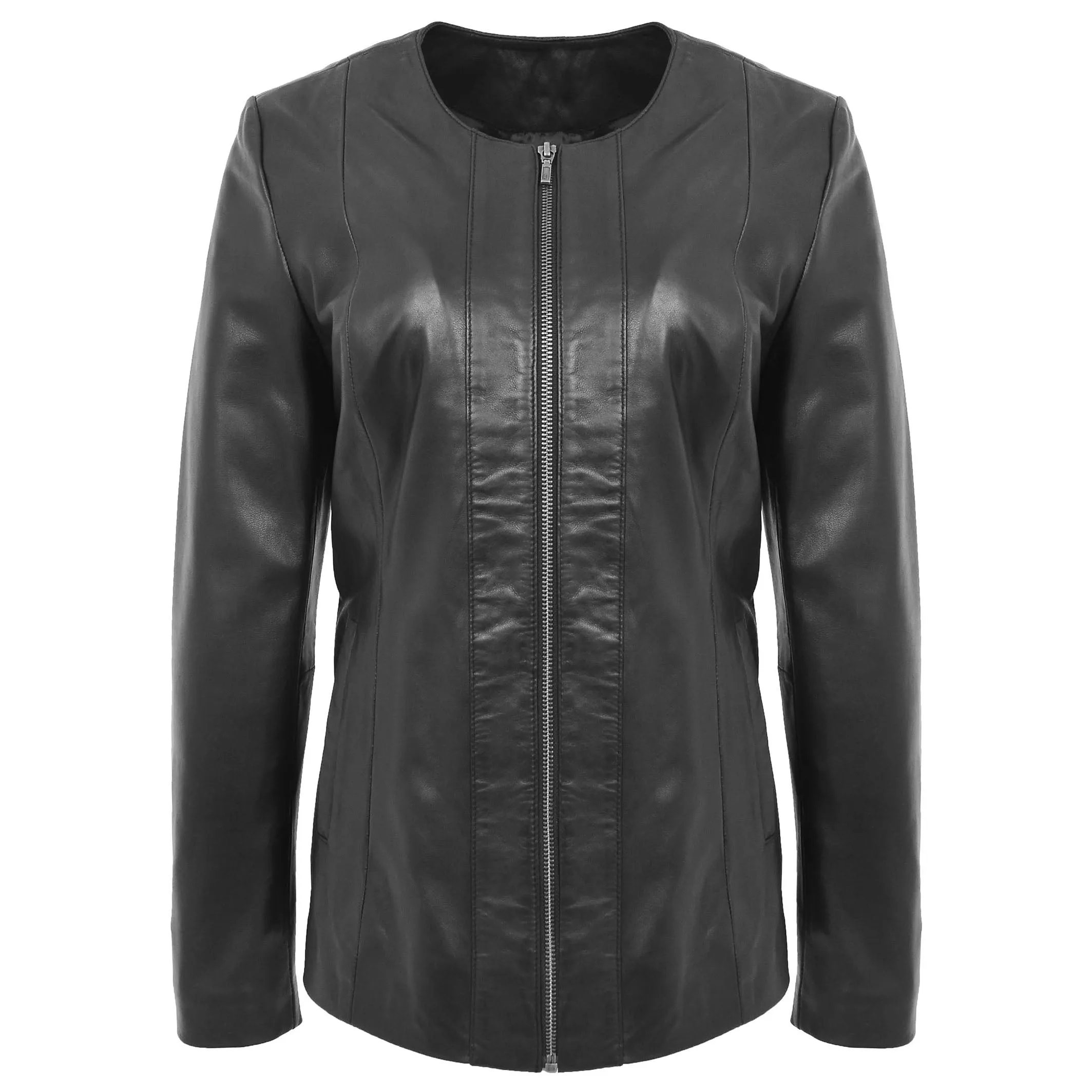 Womens Collarless Black Leather Jacket Round Neck Semi Fit Chelo