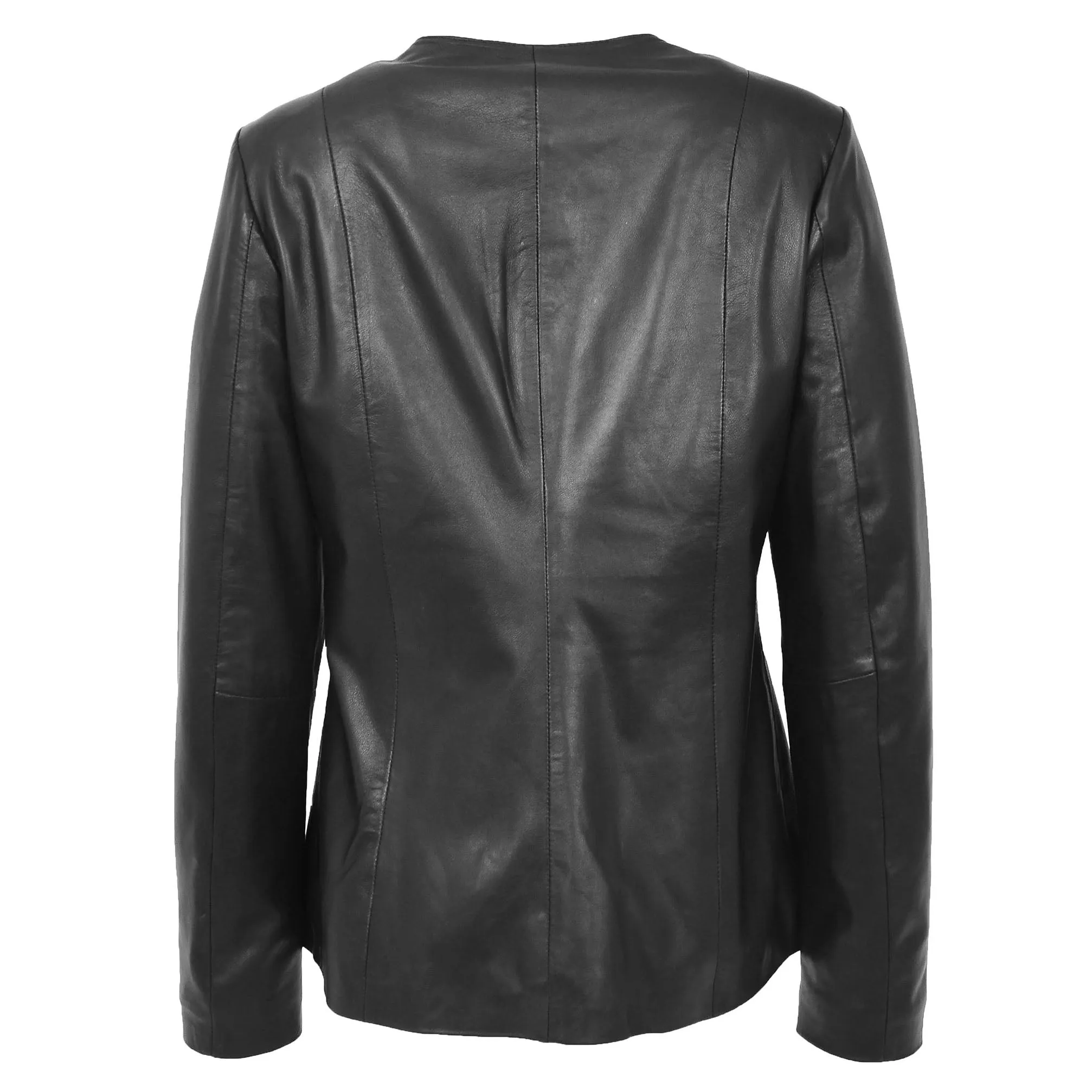 Womens Collarless Black Leather Jacket Round Neck Semi Fit Chelo
