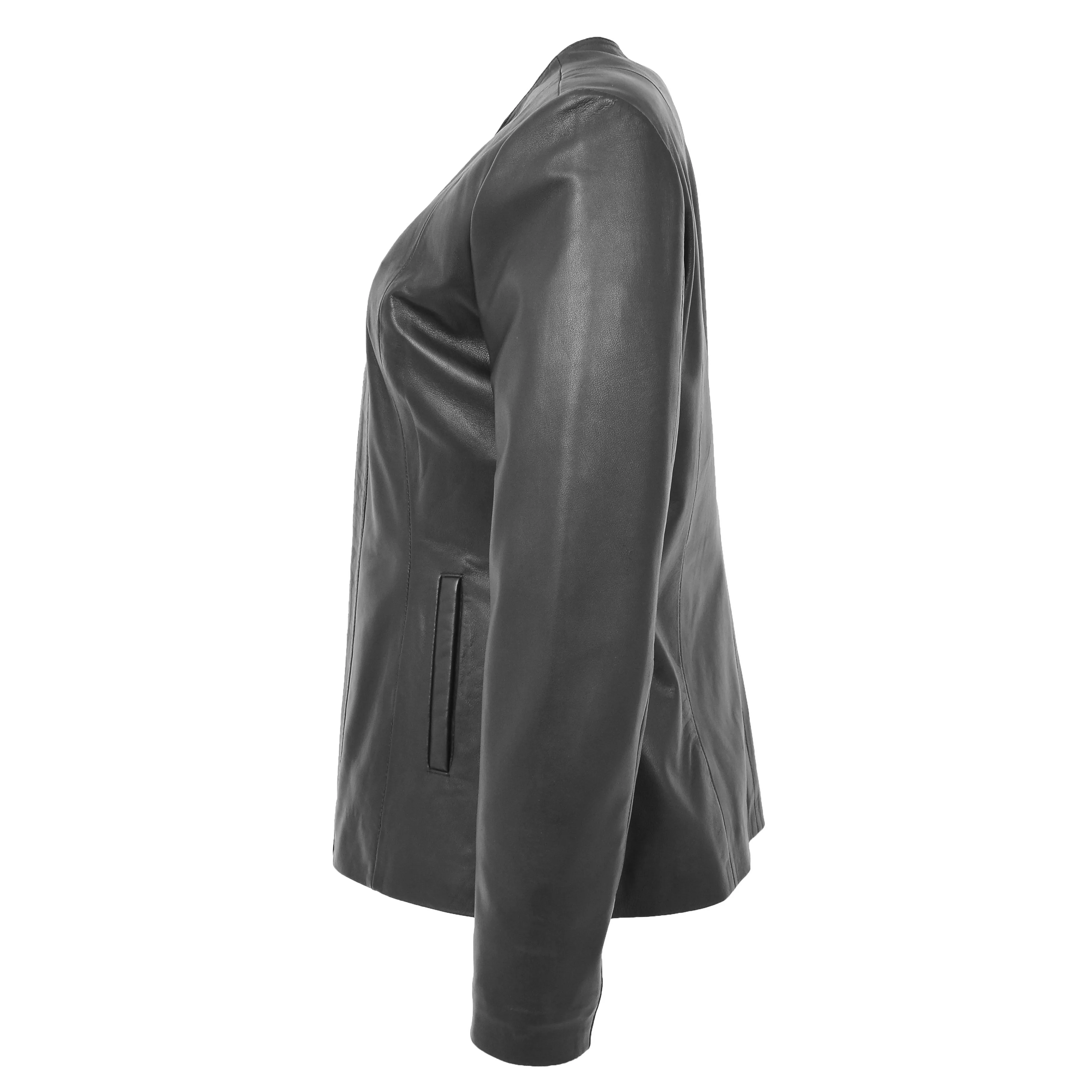 Womens Collarless Black Leather Jacket Round Neck Semi Fit Chelo