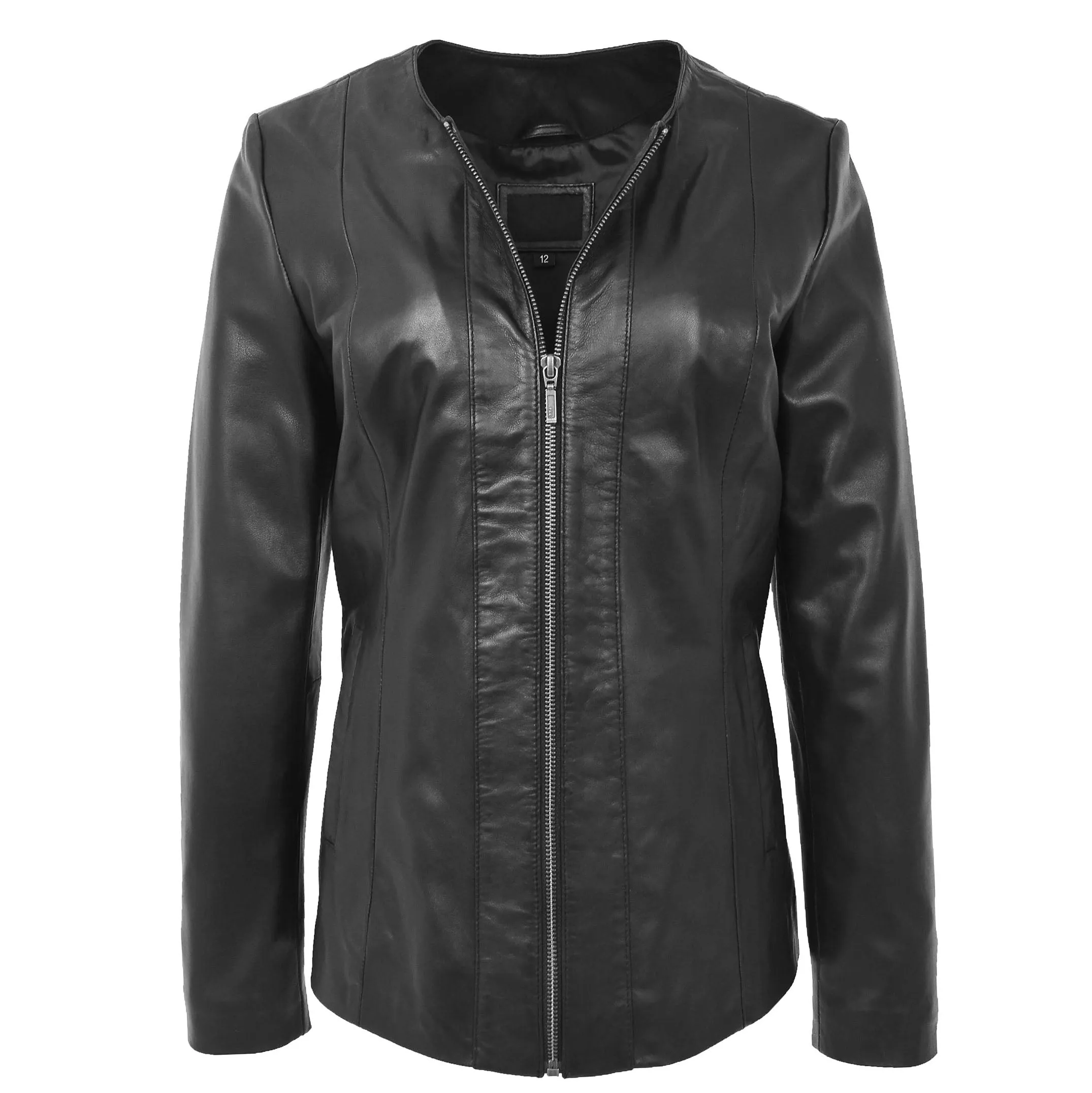 Womens Collarless Black Leather Jacket Round Neck Semi Fit Chelo