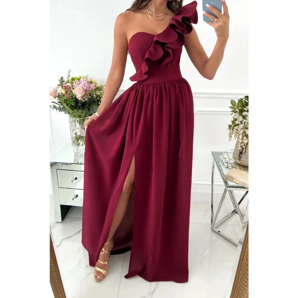 Women's Sleeveless Ruffle Hem Split Party Dress, Elegant Long Dress, Chiffon Midi Dresses, Sexy, New, Summer, S-XXL, 2023