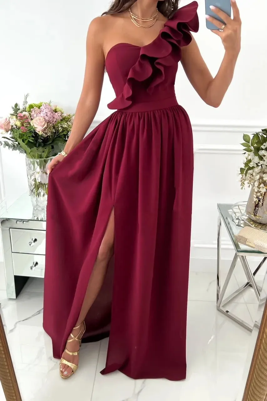 Women's Sleeveless Ruffle Hem Split Party Dress, Elegant Long Dress, Chiffon Midi Dresses, Sexy, New, Summer, S-XXL, 2023