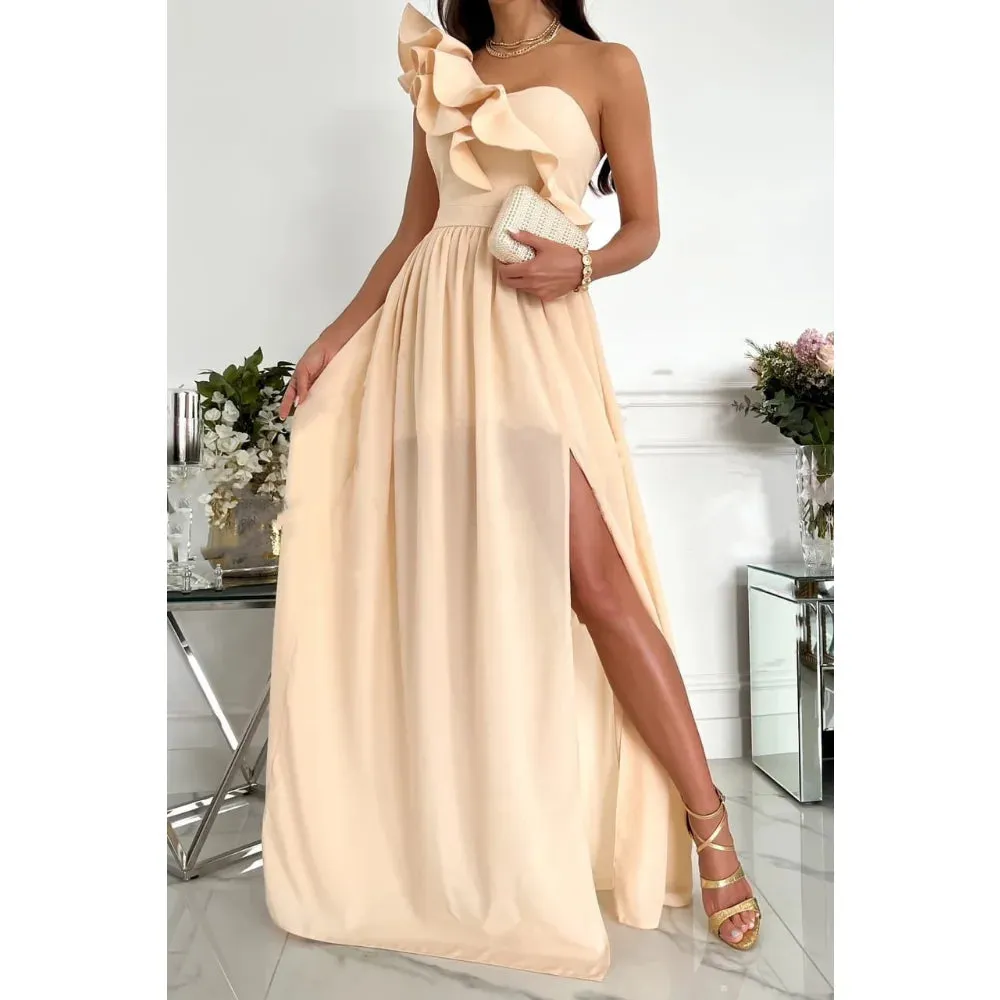 Women's Sleeveless Ruffle Hem Split Party Dress, Elegant Long Dress, Chiffon Midi Dresses, Sexy, New, Summer, S-XXL, 2023