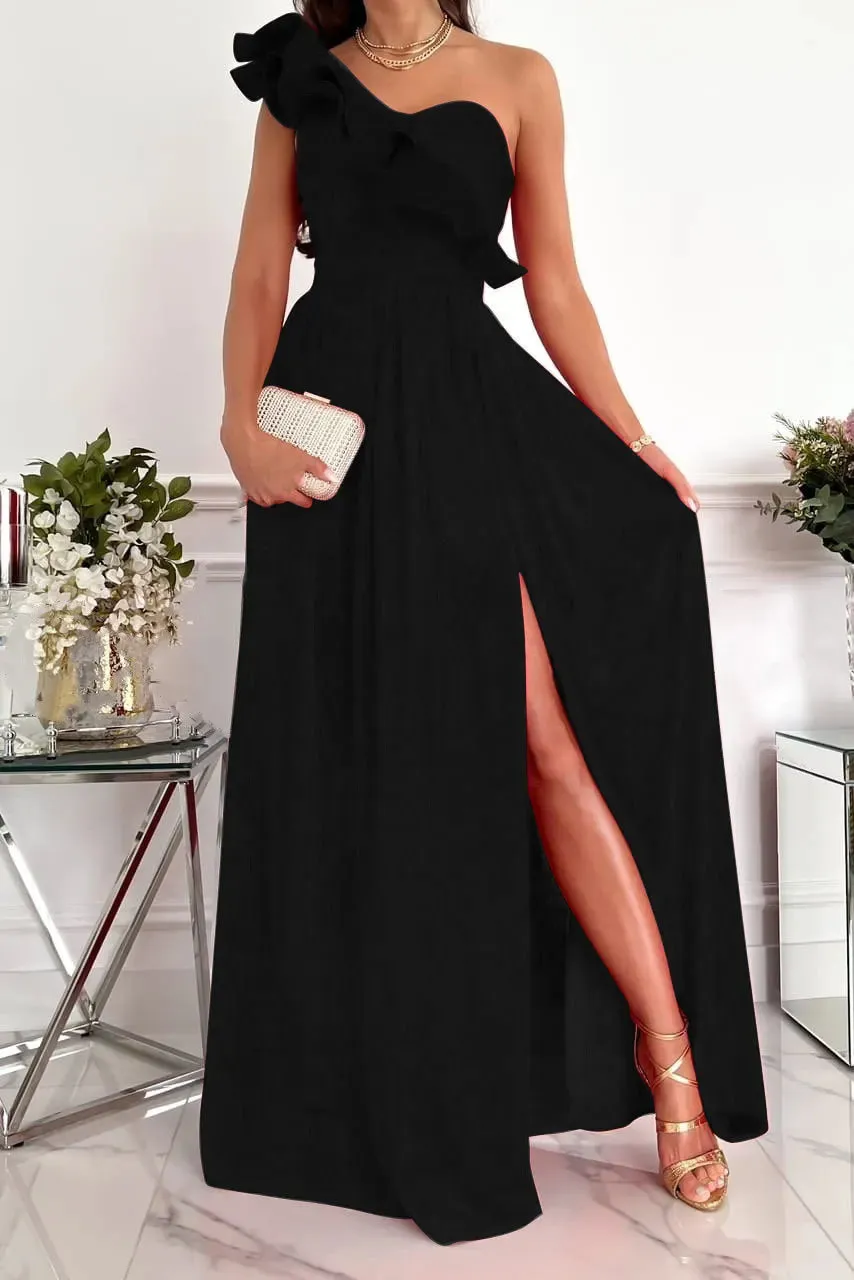 Women's Sleeveless Ruffle Hem Split Party Dress, Elegant Long Dress, Chiffon Midi Dresses, Sexy, New, Summer, S-XXL, 2023