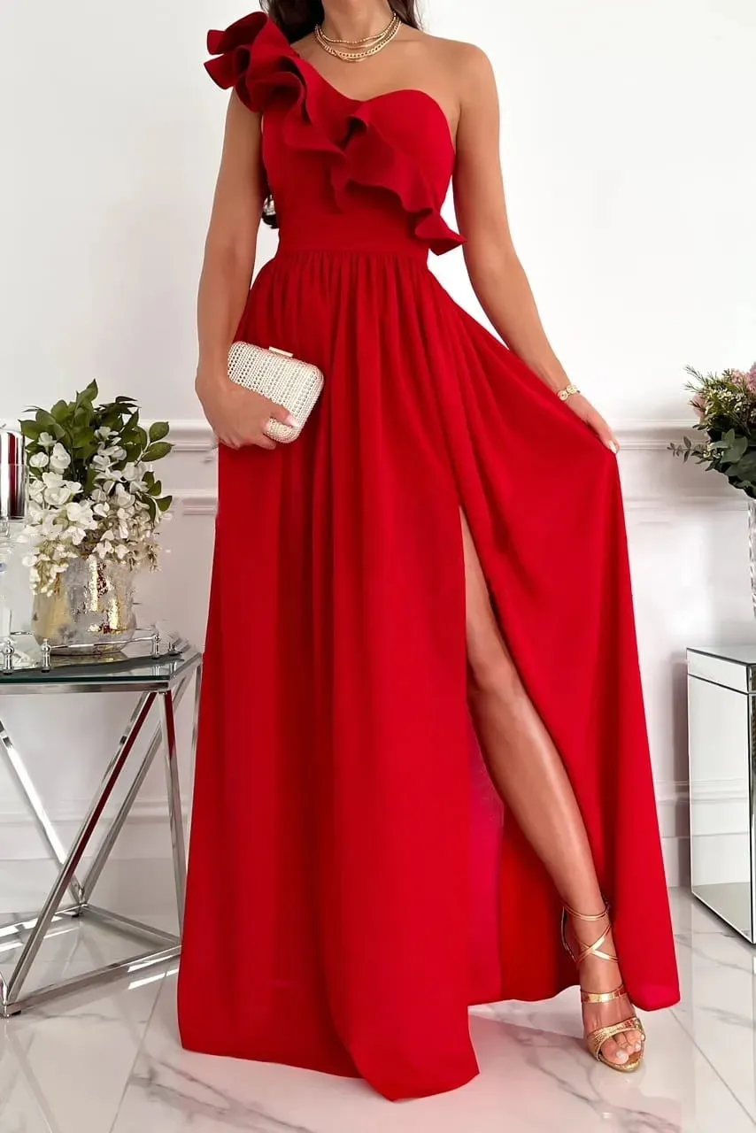 Women's Sleeveless Ruffle Hem Split Party Dress, Elegant Long Dress, Chiffon Midi Dresses, Sexy, New, Summer, S-XXL, 2023