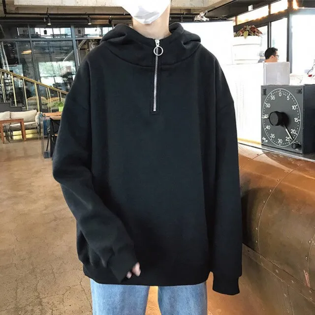 xiangtuibao Half-zip Solid Color Hoodies Men Plus Velvet Hip Hop Casual Pullover Hooded Men's Sweatshirts Streetwear Fashion Tops