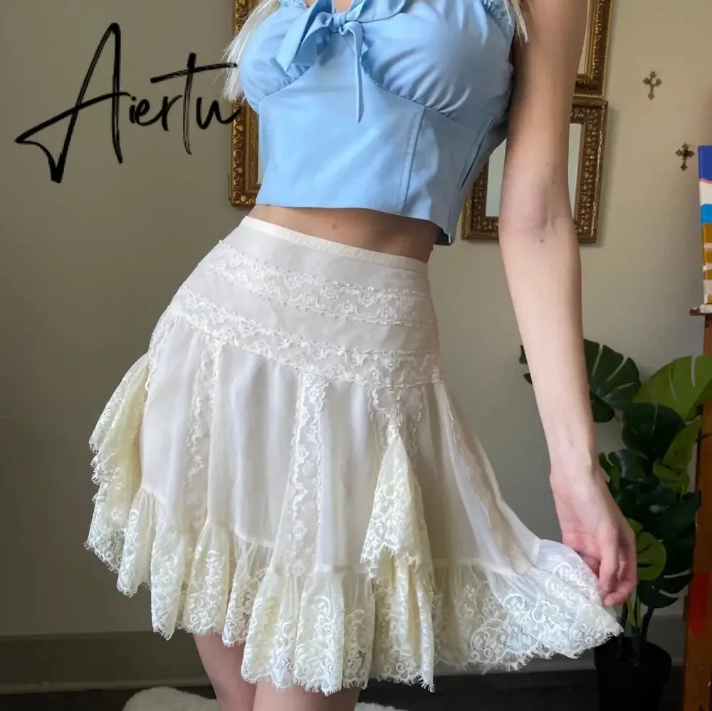 Y2k White Lace Ruffles Pleated Skirts Preppy Style Sweet Girl Kawaii Mini Skirts Korean Retro Women Party Cosplay Sweetwear