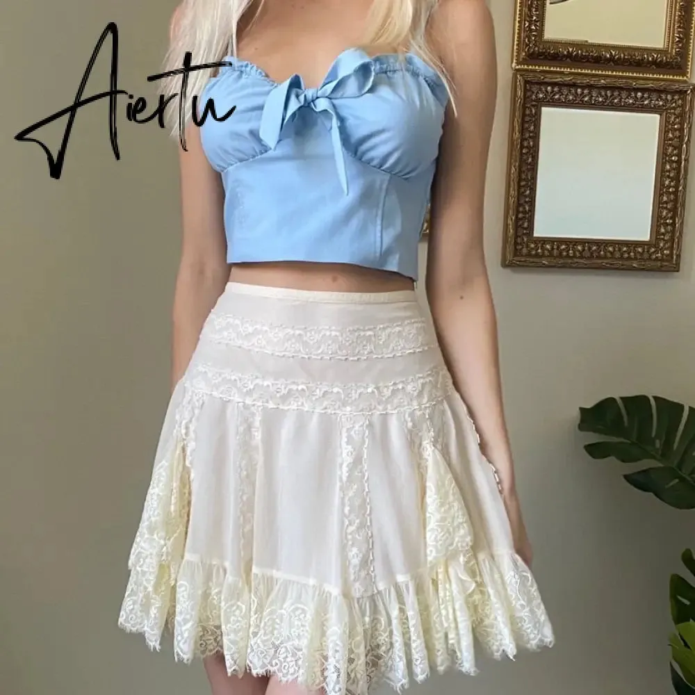 Y2k White Lace Ruffles Pleated Skirts Preppy Style Sweet Girl Kawaii Mini Skirts Korean Retro Women Party Cosplay Sweetwear