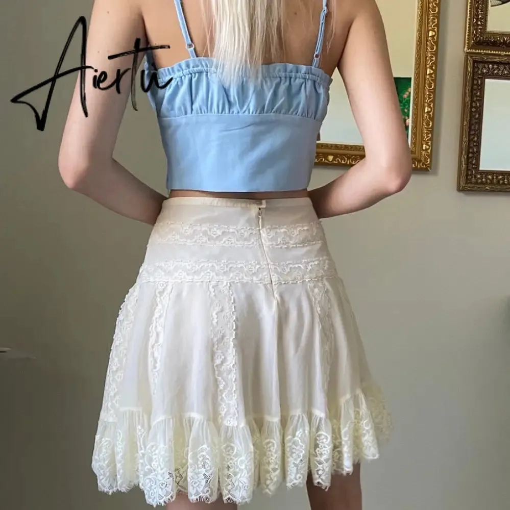 Y2k White Lace Ruffles Pleated Skirts Preppy Style Sweet Girl Kawaii Mini Skirts Korean Retro Women Party Cosplay Sweetwear