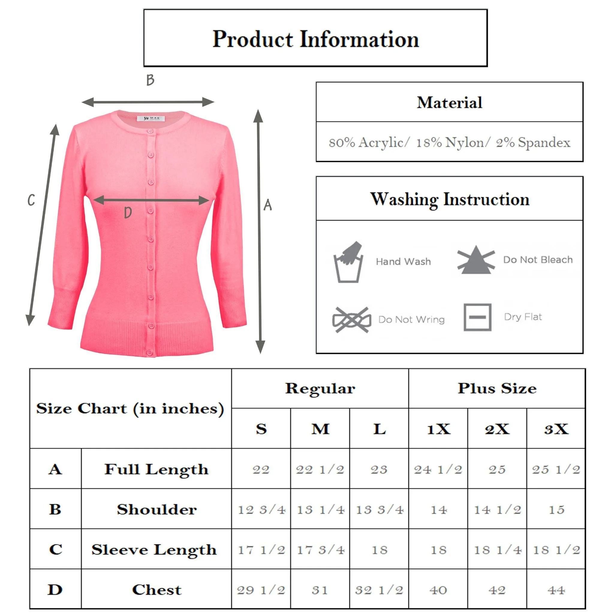 YEMAK Women's 3/4 Sleeve Crewneck Cardigan Sweater CO079PL PLUS size (1X-3X) Color (2 of 2)