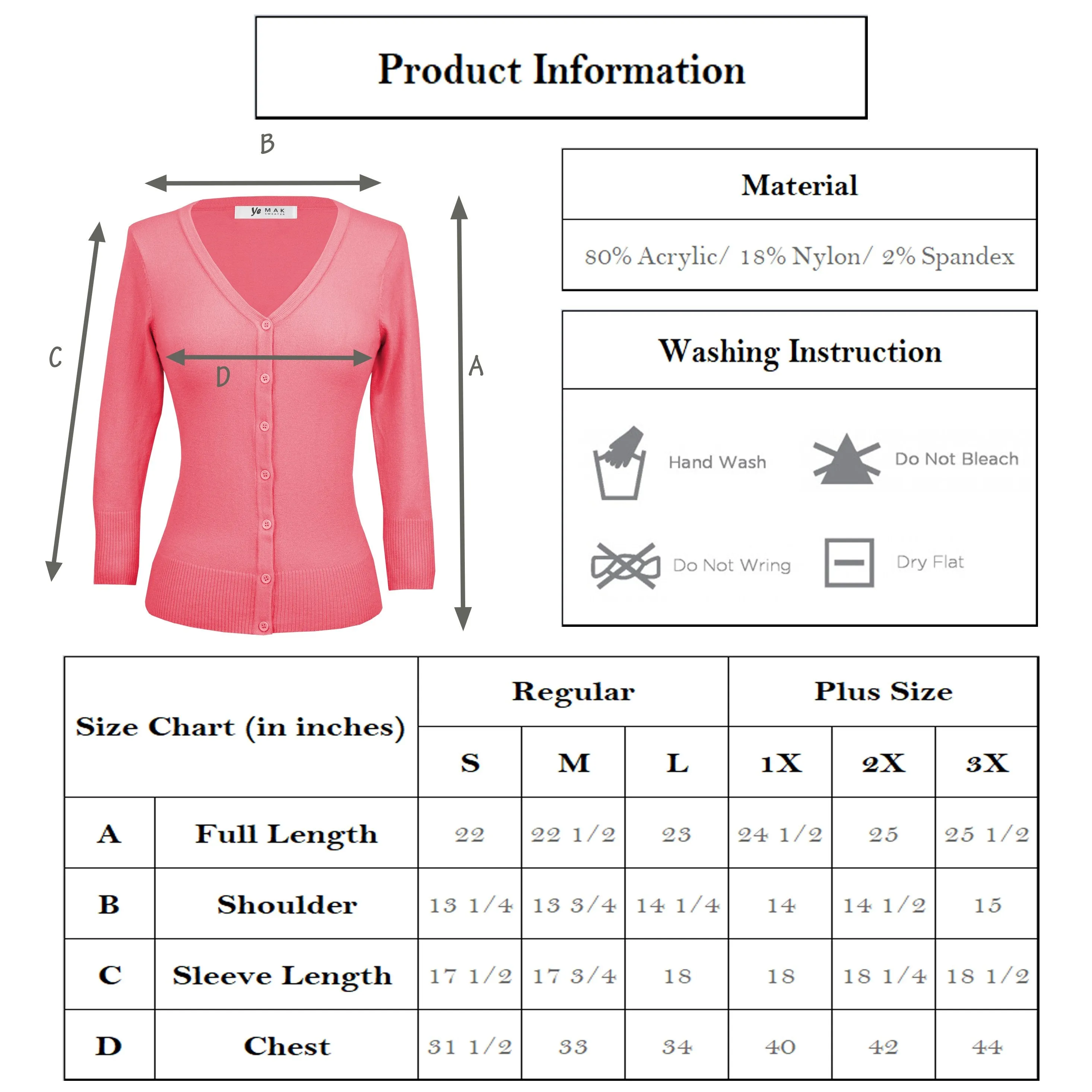 YEMAK Women's 3/4 Sleeve V-Neck Cardigan Sweater CO078PL (1X-3X) PLUS size Option (2 of 2)